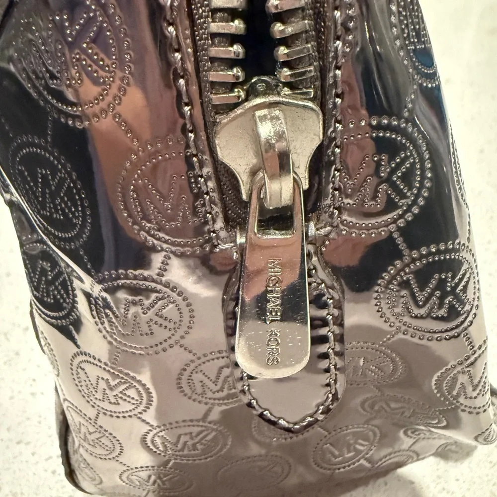 Michael Kors Shiny Silver and Tan Satchel